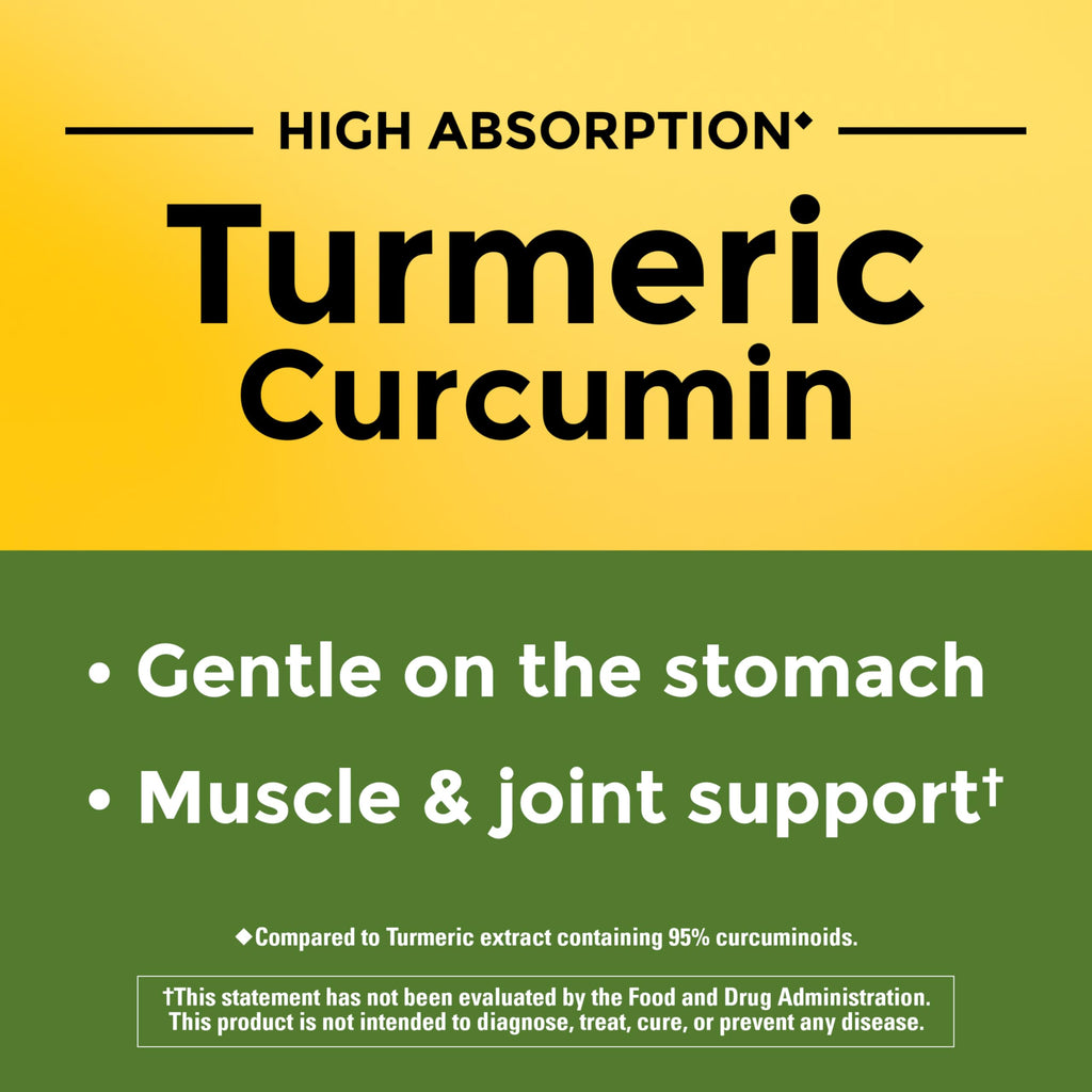 Nature Made Turmeric Curcumin supplement featuring high absorption, gentle on the stomach, ideal for muscle and joint support, available at Curat Cart.