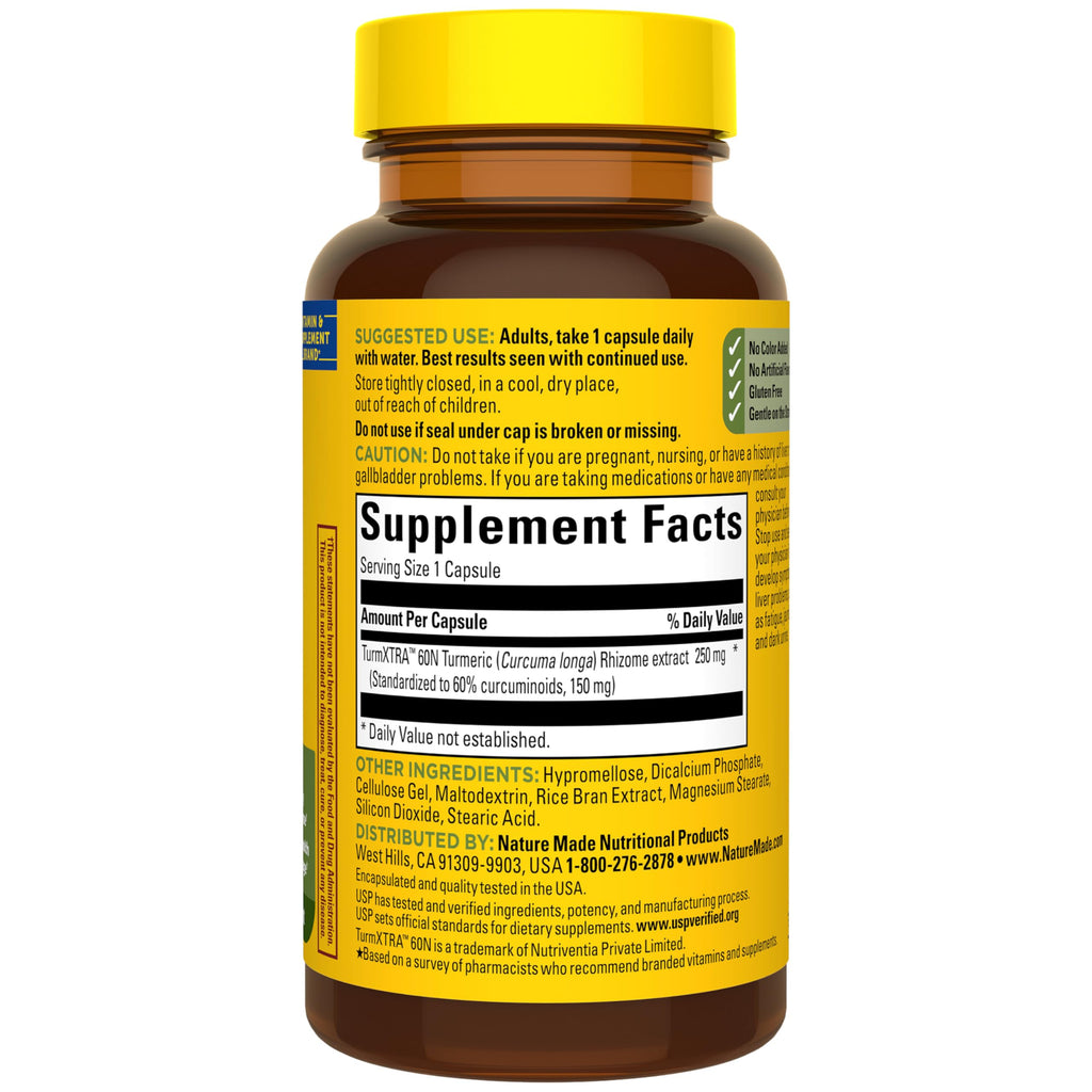 Nature Made Turmeric Curcumin Supplement in high-quality packaging, offering potent health benefits. Available at Curat Cart.