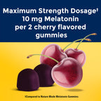 Nature Made Melatonin Gummies feature maximum strength dosage of 10 mg per two cherry-flavored gummies, presented in high-quality packaging. Available at Curat Cart.