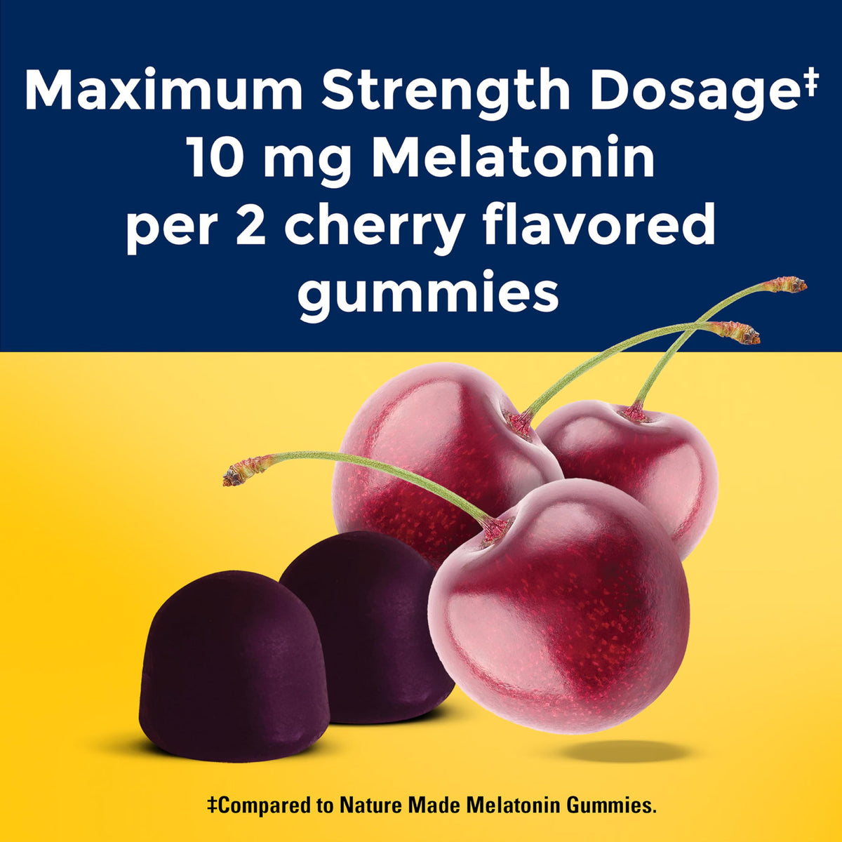 Nature Made Melatonin Gummies feature maximum strength dosage of 10 mg per two cherry-flavored gummies, presented in high-quality packaging. Available at Curat Cart.