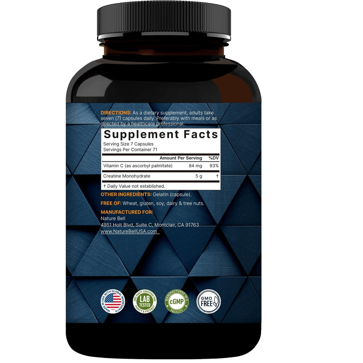NatureBell Creatine Monohydrate Capsules in high-quality packaging, detailing ingredients and serving size. Available at Curat Cart.