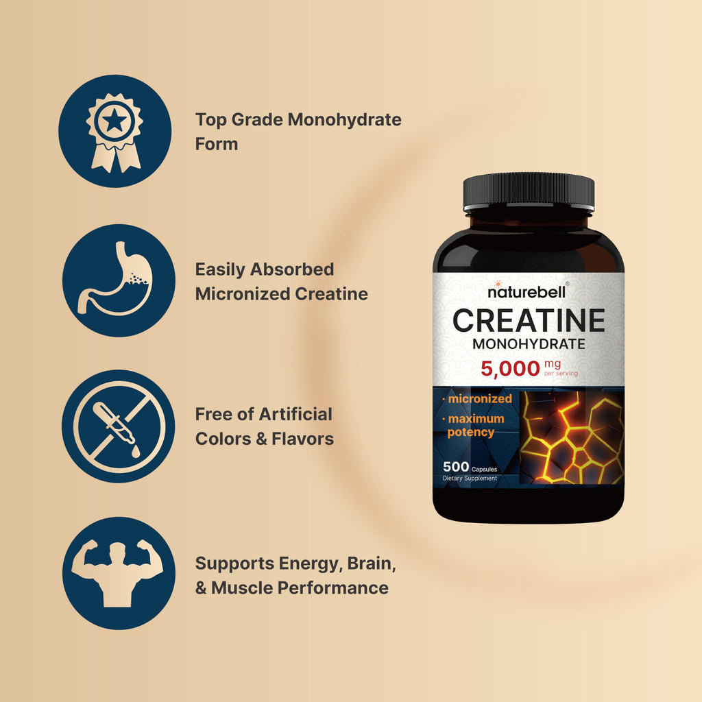 Discover premium imported NatureBell Creatine Monohydrate Capsules, 5000 mg for energy, brain, and muscle support. Available at Curat Cart.