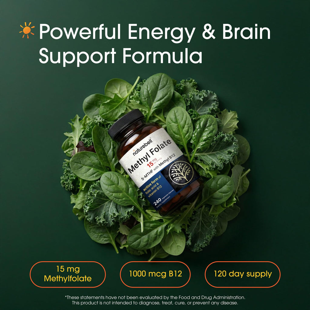 NatureBell Methyl Folate offers 15 mg of methylfolate and 1000 mcg B12. 100% Authentic, available at Curat Cart in India.