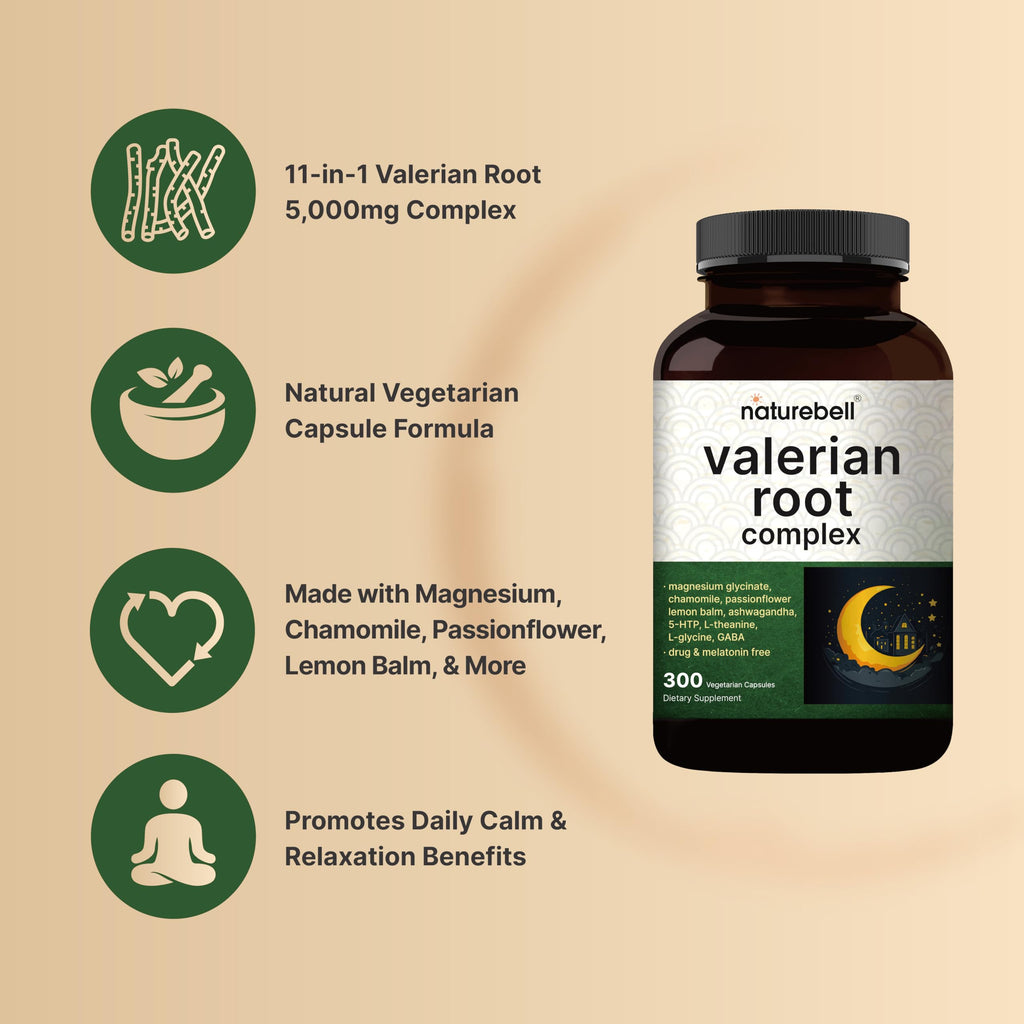 NatureBell Valerian Root Supplement in high-quality packaging, promoting calm and relaxation. Available at Curat Cart.