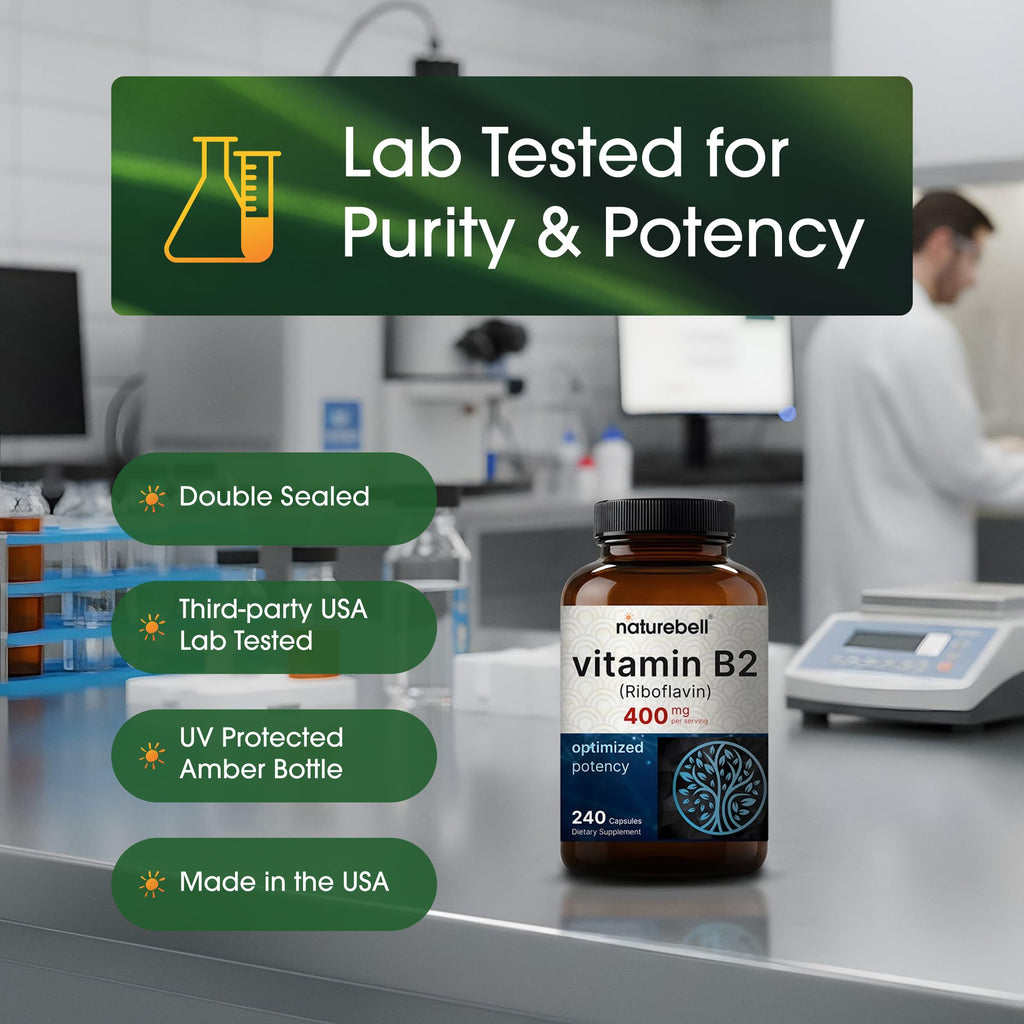 NatureBell Vitamin B2 Riboflavin 400 mg in a UV protected amber bottle. Perfect for daily use. Available at Curat Cart.