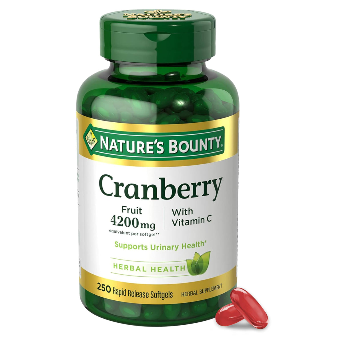 Premium imported Nature's Bounty Cranberry pills with Vitamin C for urinary health, 250 softgels in green bottle.