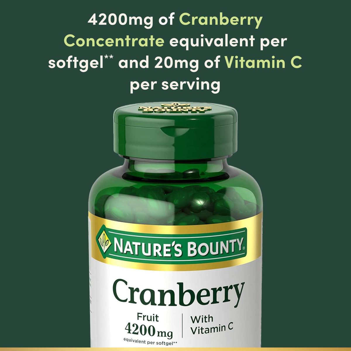 Premium imported Nature's Bounty Cranberry Pills with 4200mg concentrate and 20mg Vitamin C per serving.