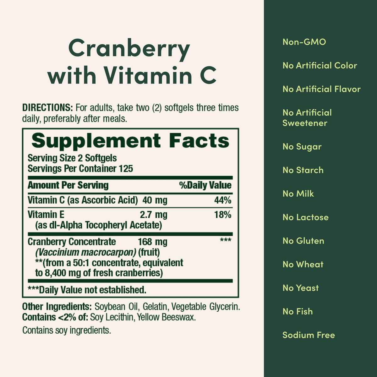 Nature's Bounty Cranberry Pills packaging showing supplement facts, directions, and ingredients for optimal health.