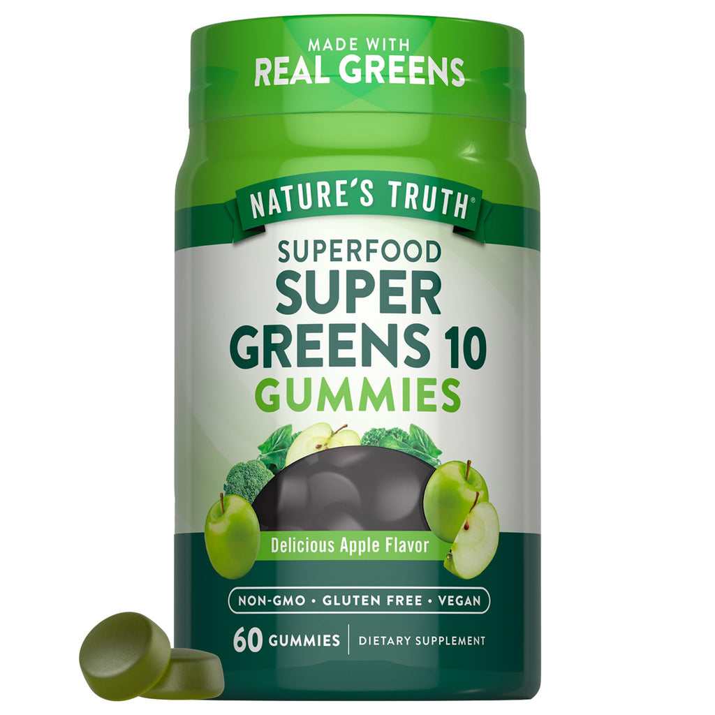 Nature's Truth Super Greens Gummies offer a delicious apple flavor in a premium imported supplement. Available at Curat Cart.