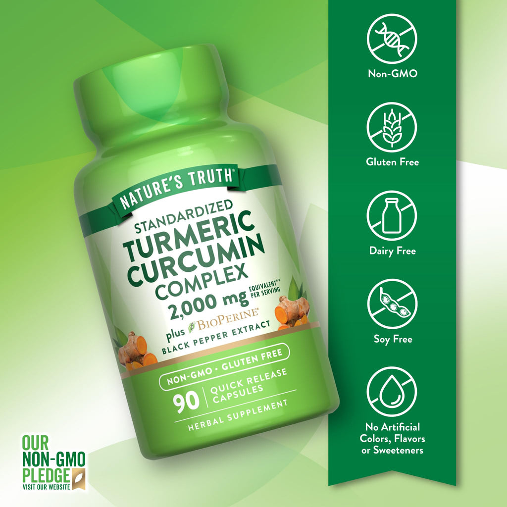 Nature's Truth Turmeric Curcumin Capsules in official packaging, featuring 2000 mg of herbal supplements. Available at Curat Cart.