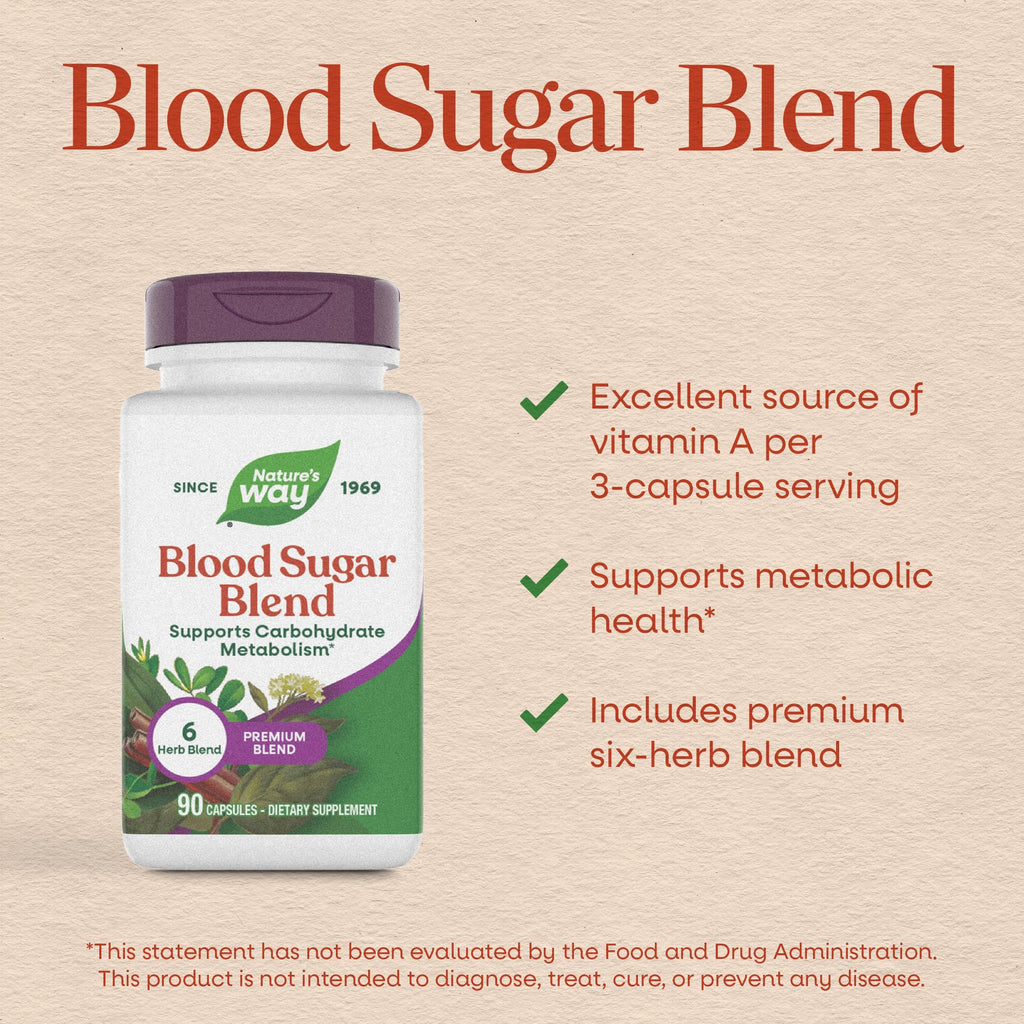 Nature's Way Blood Sugar Blend in high-quality official packaging. Supports metabolic health with a six-herb blend. Available at Curat Cart.