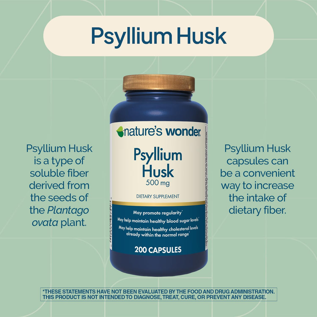 Nature's Wonder Psyllium Husk Capsules, 100% Authentic, available in India at Curat Cart, support digestive health and fiber intake.