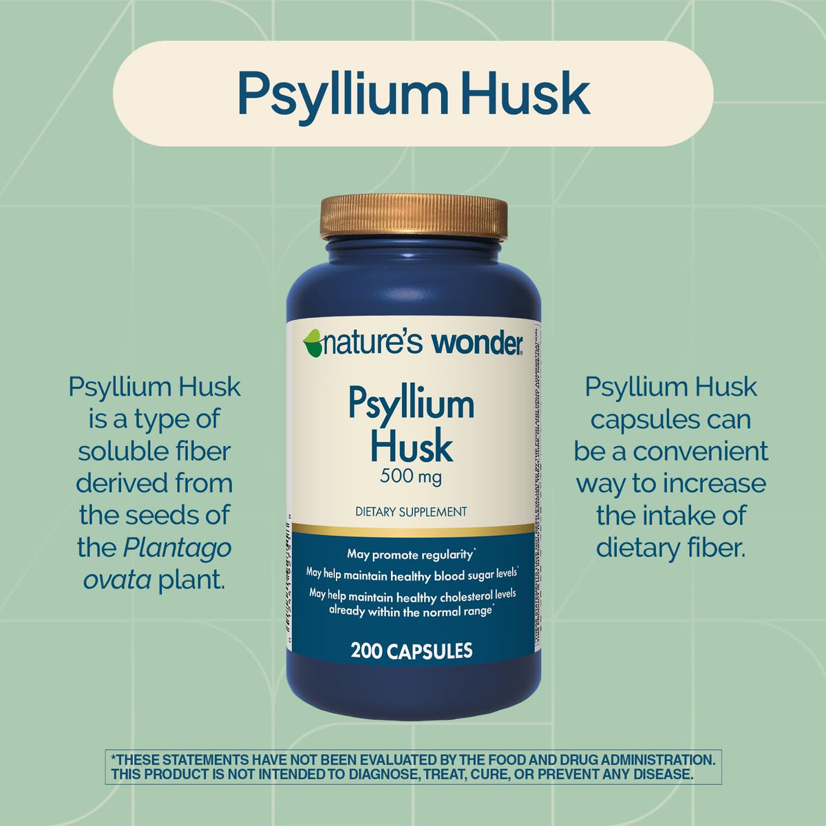 Nature's Wonder Psyllium Husk Capsules, 100% Authentic, available in India at Curat Cart, support digestive health and fiber intake.