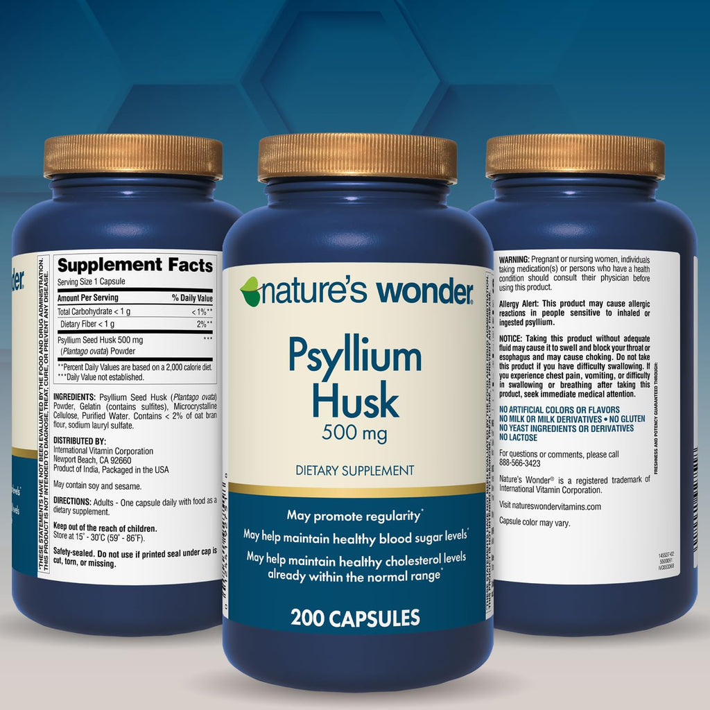 Nature's Wonder Psyllium Husk Capsules, specially curated by Curat Cart, support healthy blood sugar levels and regularity.