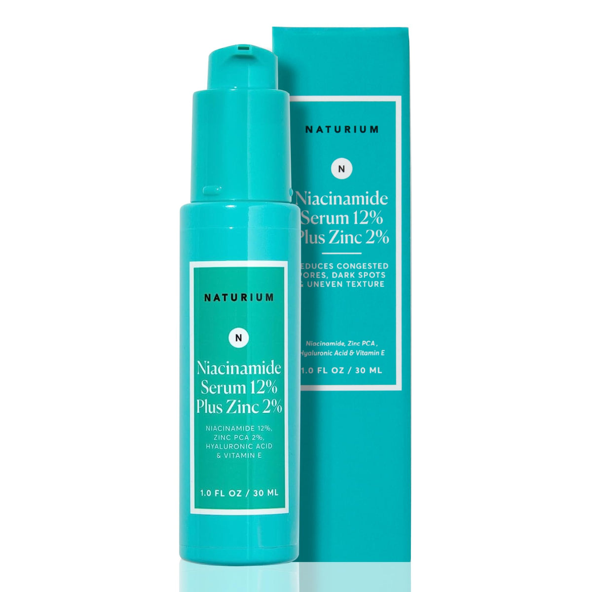 Authentic Naturium Niacinamide Serum 12% Plus Zinc 2% in a teal bottle, 30ml, reduces congestion and dark spots.