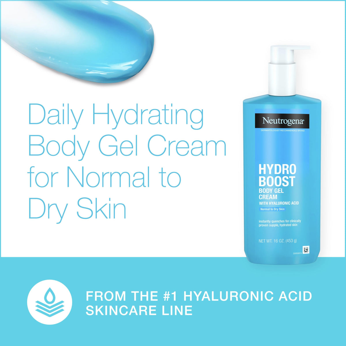 Neutrogena Hydro Boost Body Lotion in official packaging, offering daily hydration for dry skin. Available at Curat Cart.
