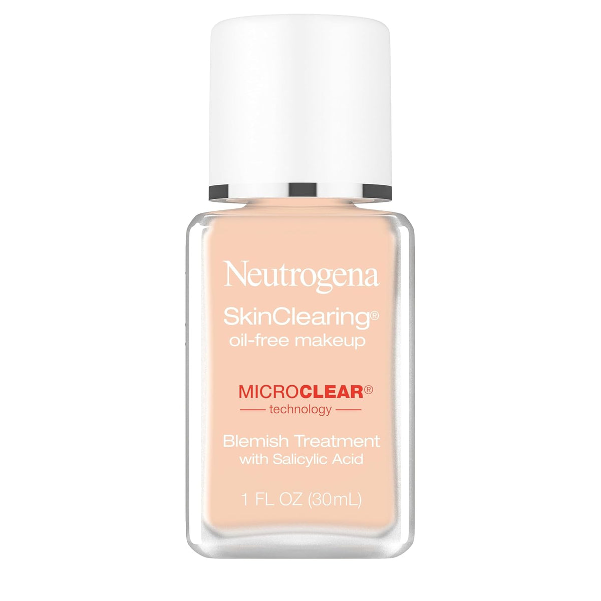 Neutrogena SkinClearing Makeup in original packaging, featuring a 1 FL OZ bottle with MicroClear technology for blemish treatment.