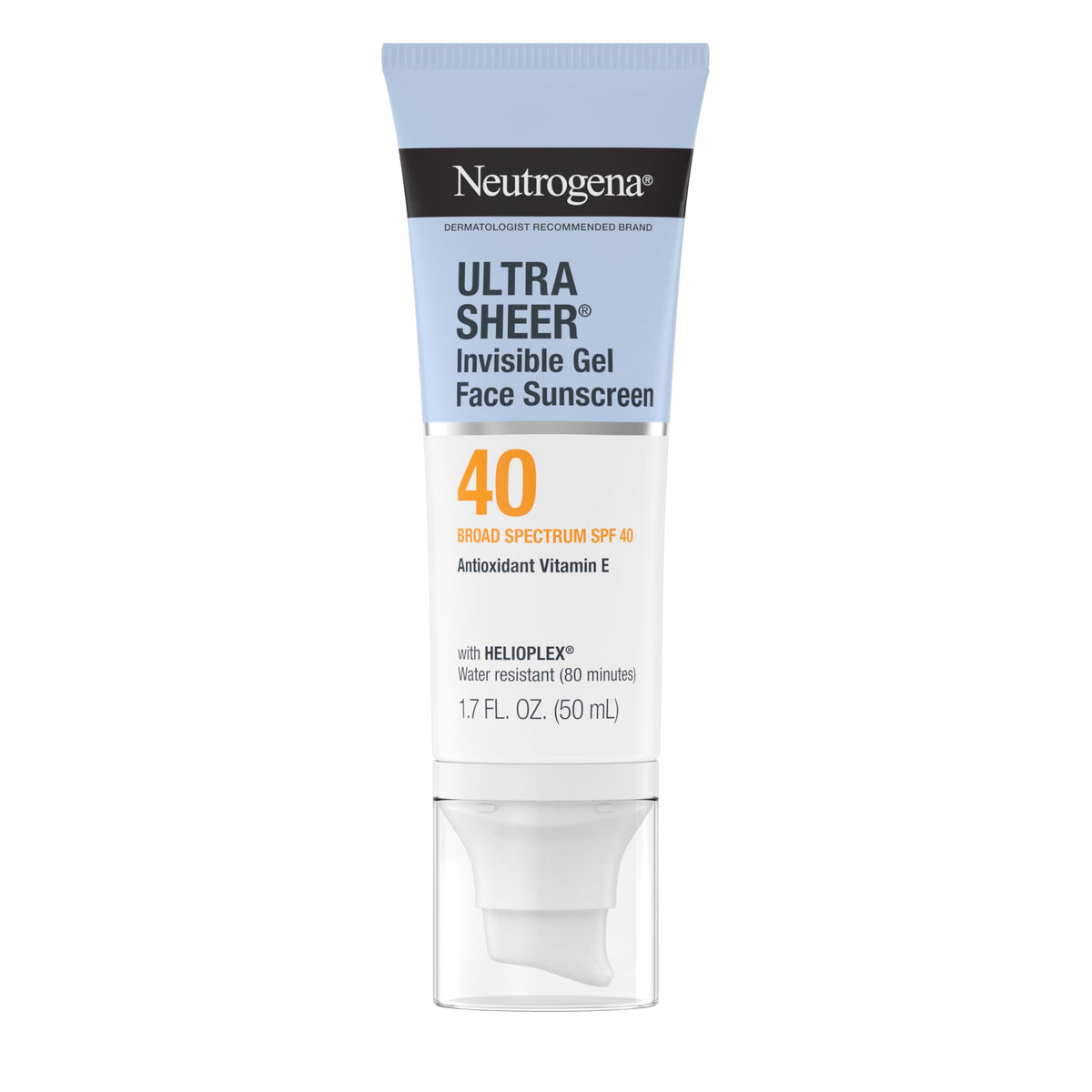 100% Genuine Neutrogena Ultra Sheer SPF 40 sunscreen, invisible gel formula, enriched with Vitamin E for skin protection.