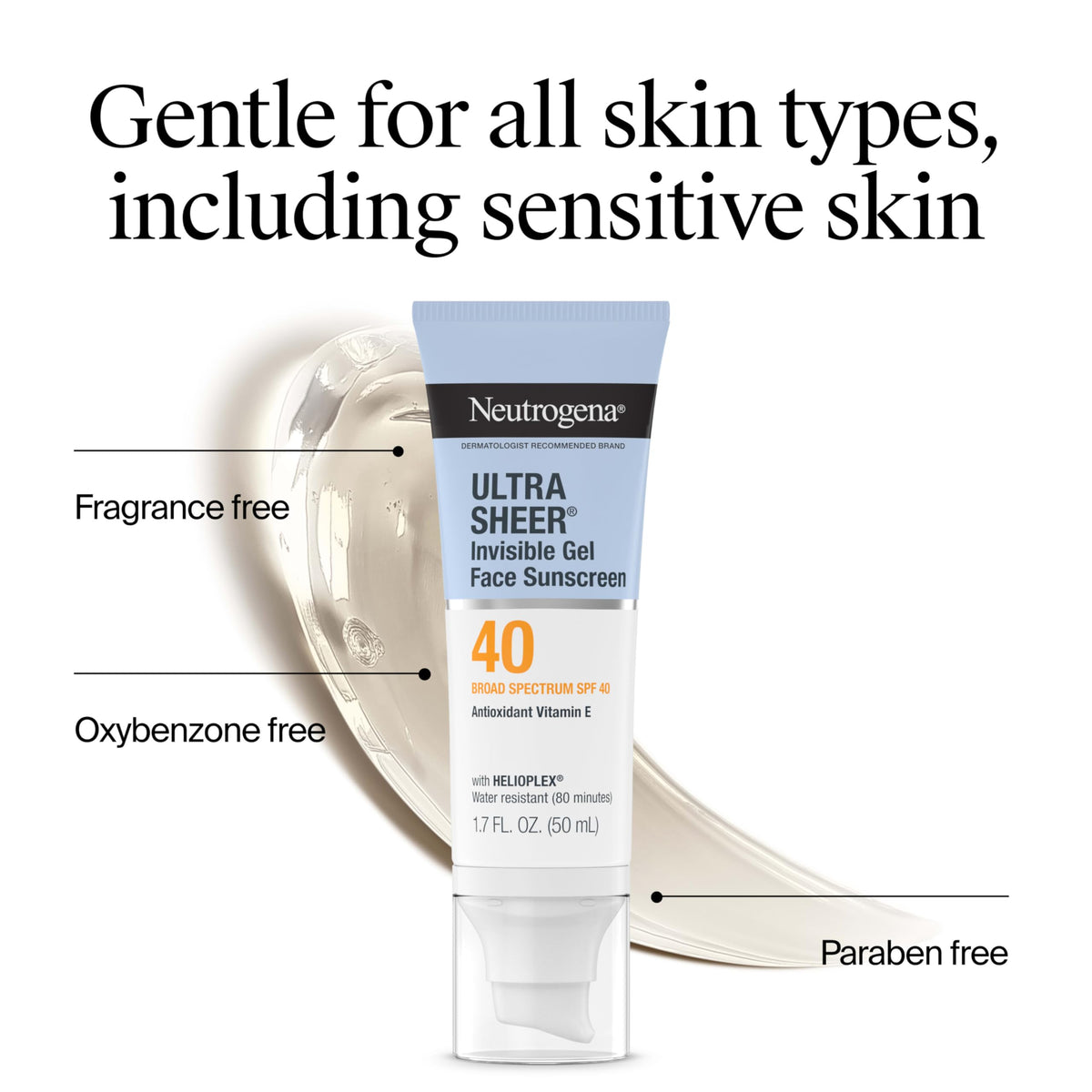 Neutrogena Ultra Sheer Sunscreen, SPF 40, features a gel formula, antioxidant Vitamin E, and is suitable for sensitive skin.