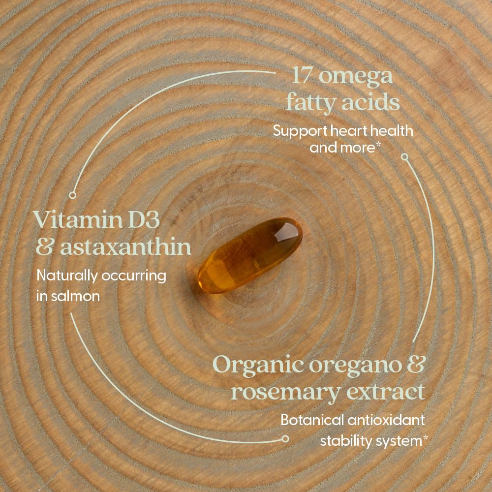 New Chapter Omega-3 Complex capsule highlighting 17 omega fatty acids, in high-quality packaging from Curat Cart for heart health support.