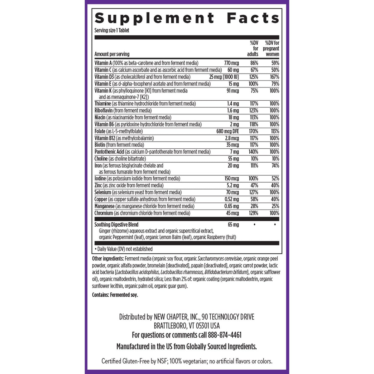 Official packaging of New Chapter One Daily Prenatal Multivitamin, showcasing detailed supplement facts and ingredients.