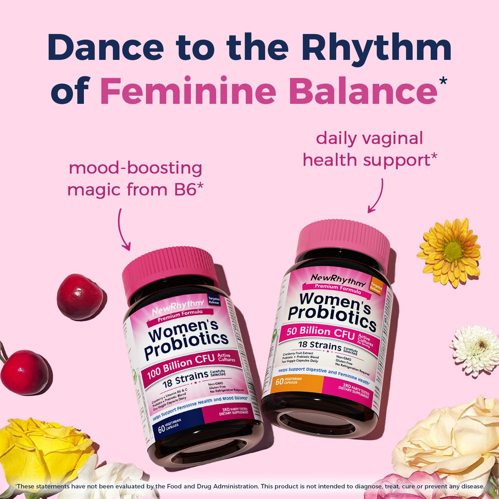 Discover NewRhythm Probiotics for Women, a premium import offering 100 billion CFU for feminine balance and health support. Available at Curat Cart.