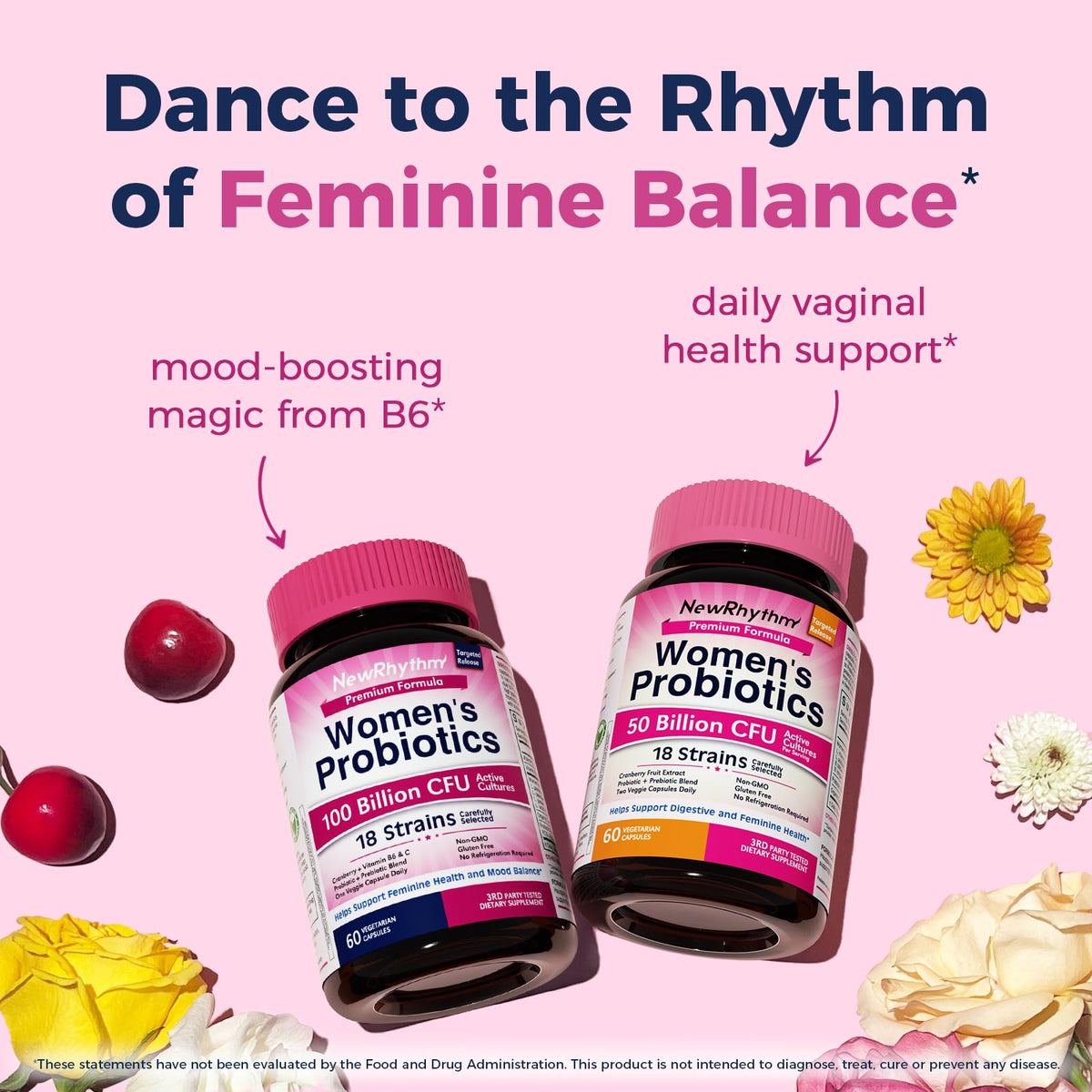 Discover NewRhythm Probiotics for Women, a premium import offering 100 billion CFU for feminine balance and health support. Available at Curat Cart.
