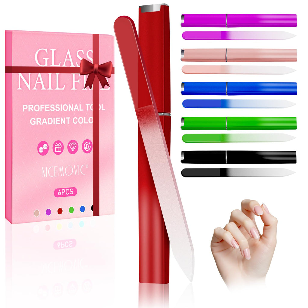 Set of 6 vibrant glass nail files in a gift-ready box. Ideal for professional and personal nail care. Verified by CuratCart.