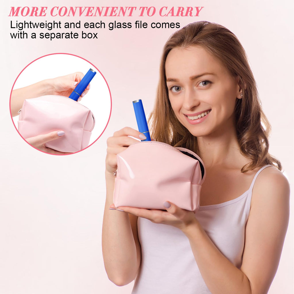 Woman holding a pink pouch with a blue glass nail file. Lightweight and easy to carry. Verified by CuratCart.