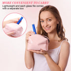 Woman holding a pink pouch with a blue glass nail file. Lightweight and easy to carry. Verified by CuratCart.