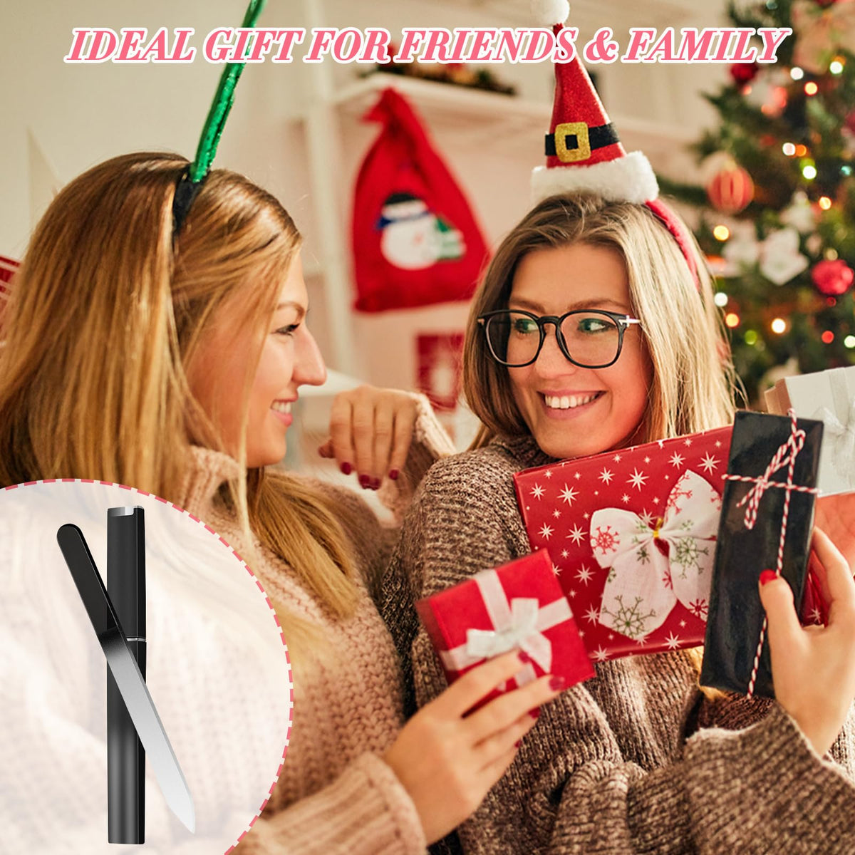 Two friends joyfully exchanging gifts, featuring NICEMOVIC 6 Pack Glass Nail Files, a perfect authentic gift for family.