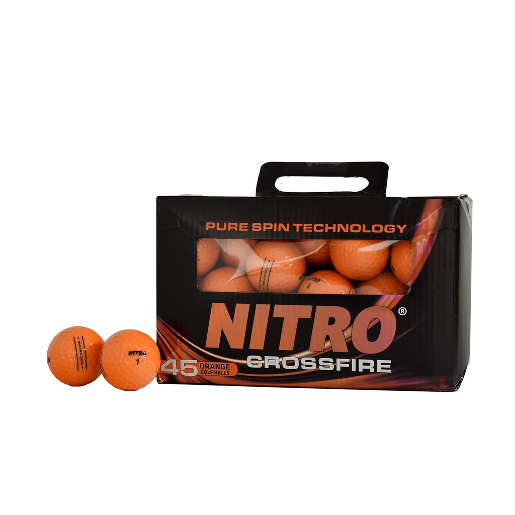 Premium imported NITRO Crossfire Golf Balls showcasing vibrant orange color and pure spin technology. Available at Curat Cart.