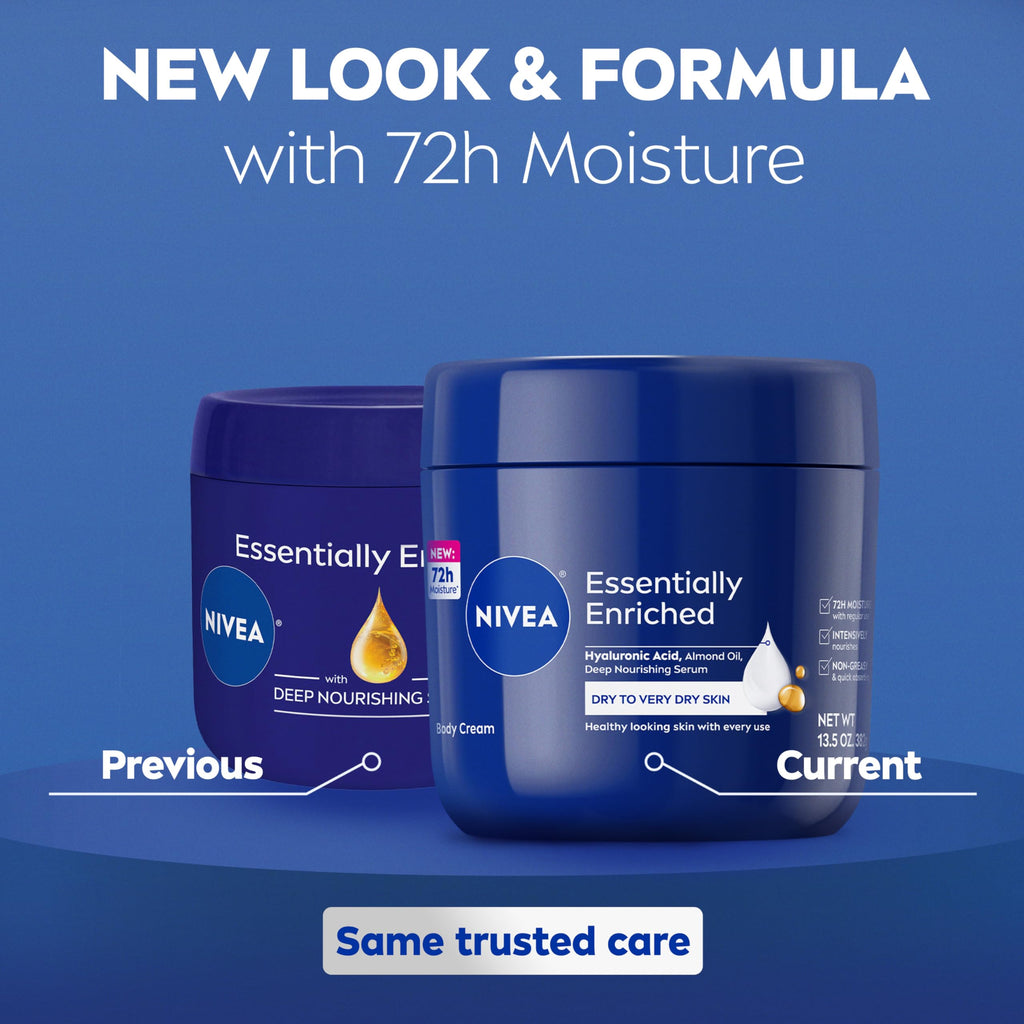 NIVEA Essentially Enriched Body Cream for dry skin, now with 72-hour moisture. Order online for nourishing care!