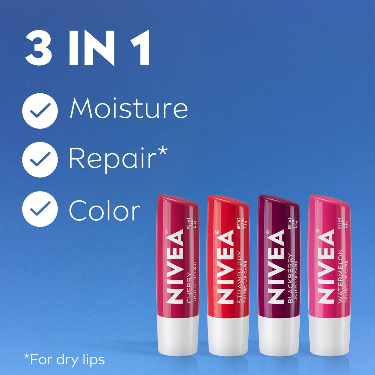 Premium imported NIVEA Fruity Tinted Lip Balm offers moisture, repair, and vibrant color for dry lips.