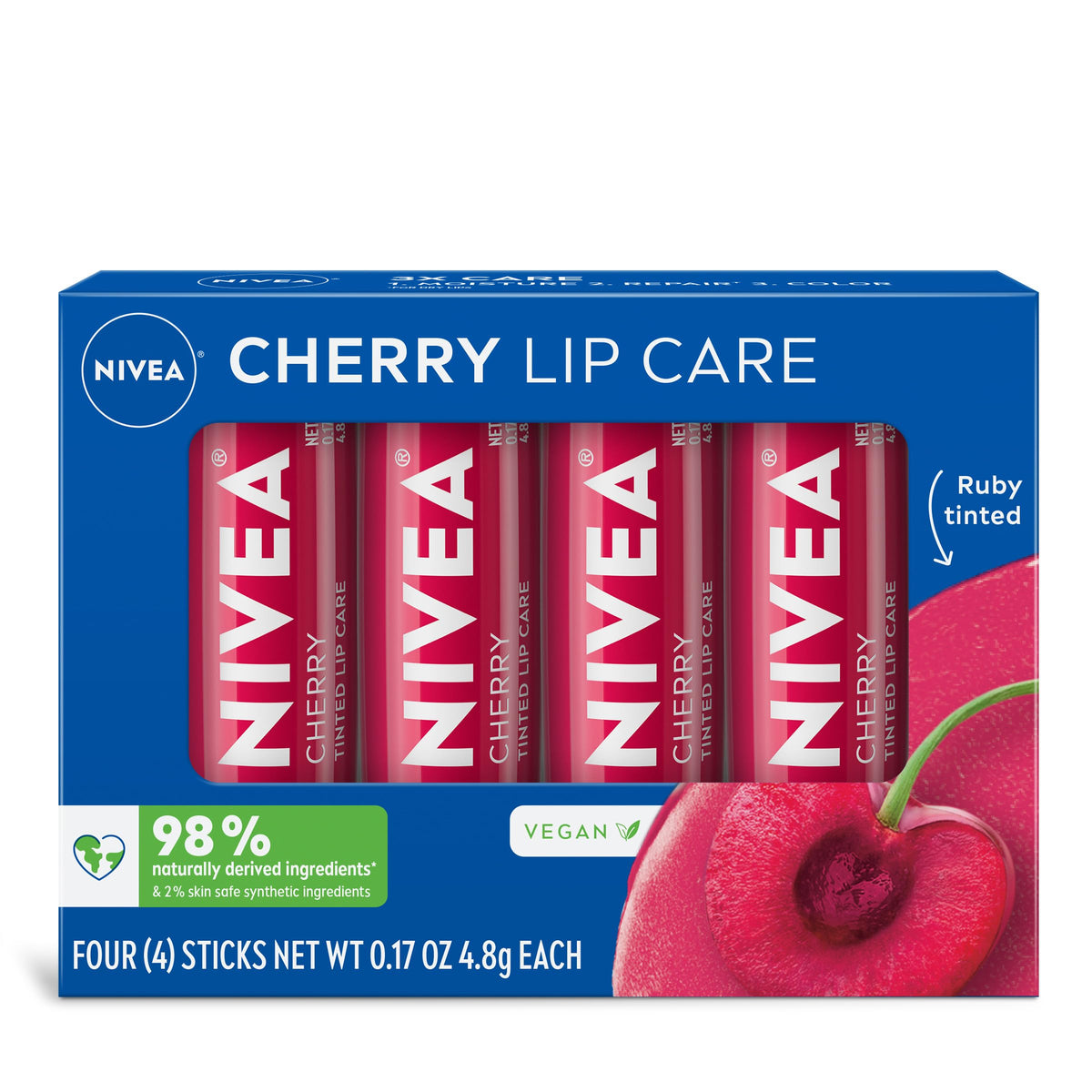 Authentic NIVEA Cherry Tinted Lip Balm pack of four, 98% naturally derived ingredients, vegan-friendly, ruby tinted care.
