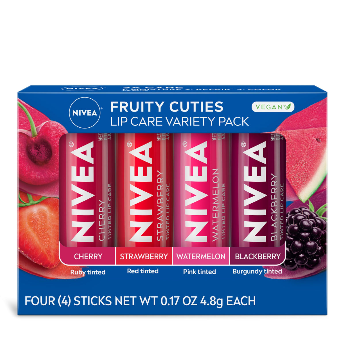 Premium imported NIVEA Fruity Cuties Lip Care Variety Pack featuring cherry, strawberry, watermelon, and blackberry flavors.