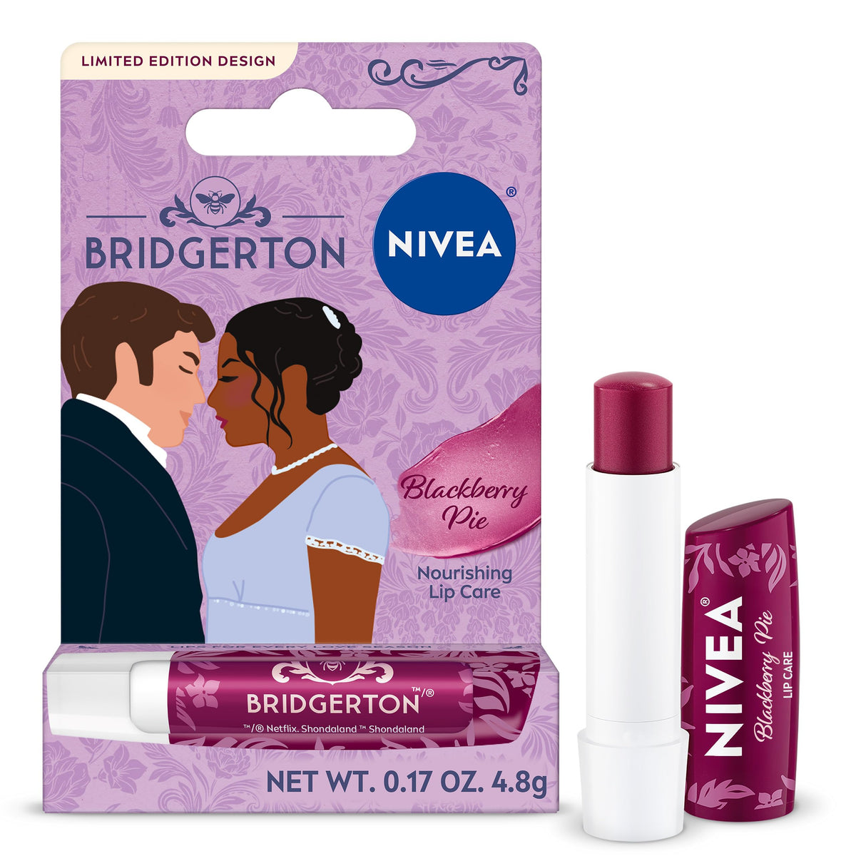 Discover NIVEA's limited edition Bridgerton Blackberry Pie Tinted Lip Balm for nourishing lip care in stylish packaging.