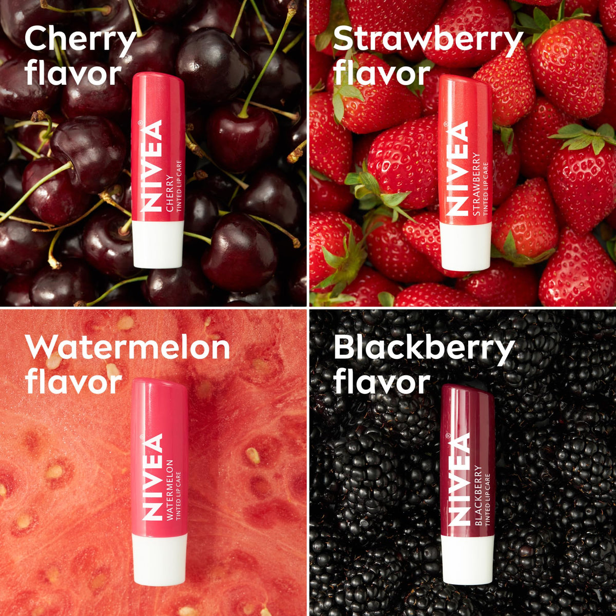 Discover NIVEA's Fruity Tinted Lip Balm in cherry, strawberry, watermelon, and blackberry flavors, each in original packaging.