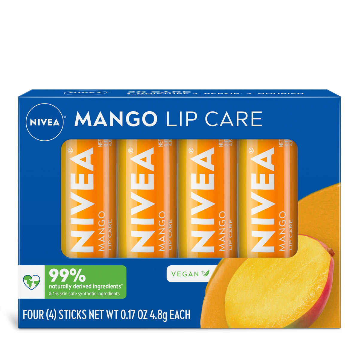 Imported NIVEA Mango Lip Balm set with four sticks, featuring 99% naturally derived ingredients for soft lips.