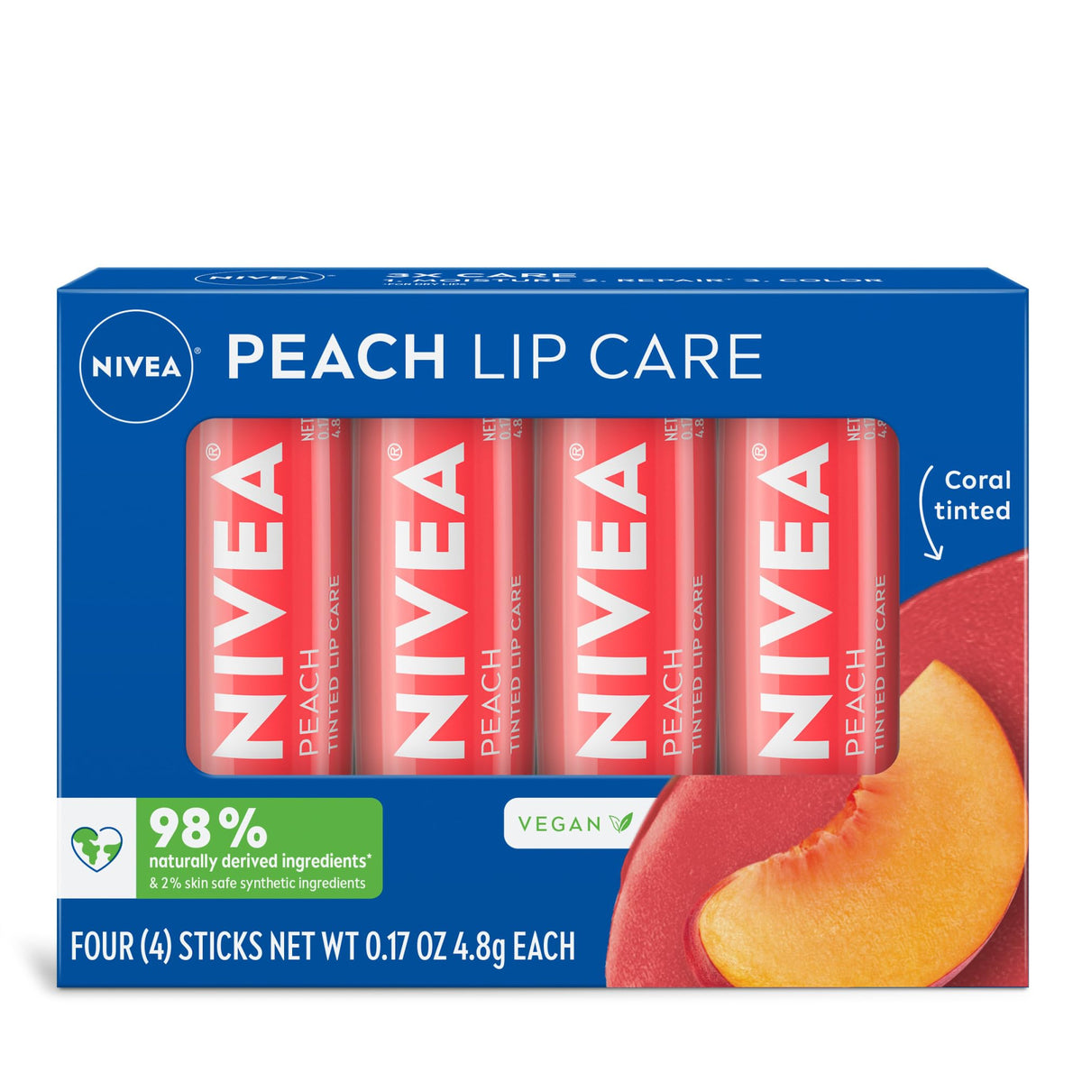 Original NIVEA Fruity Tinted Lip Balm pack featuring four coral-tinted peach lip balms with 98% natural ingredients.