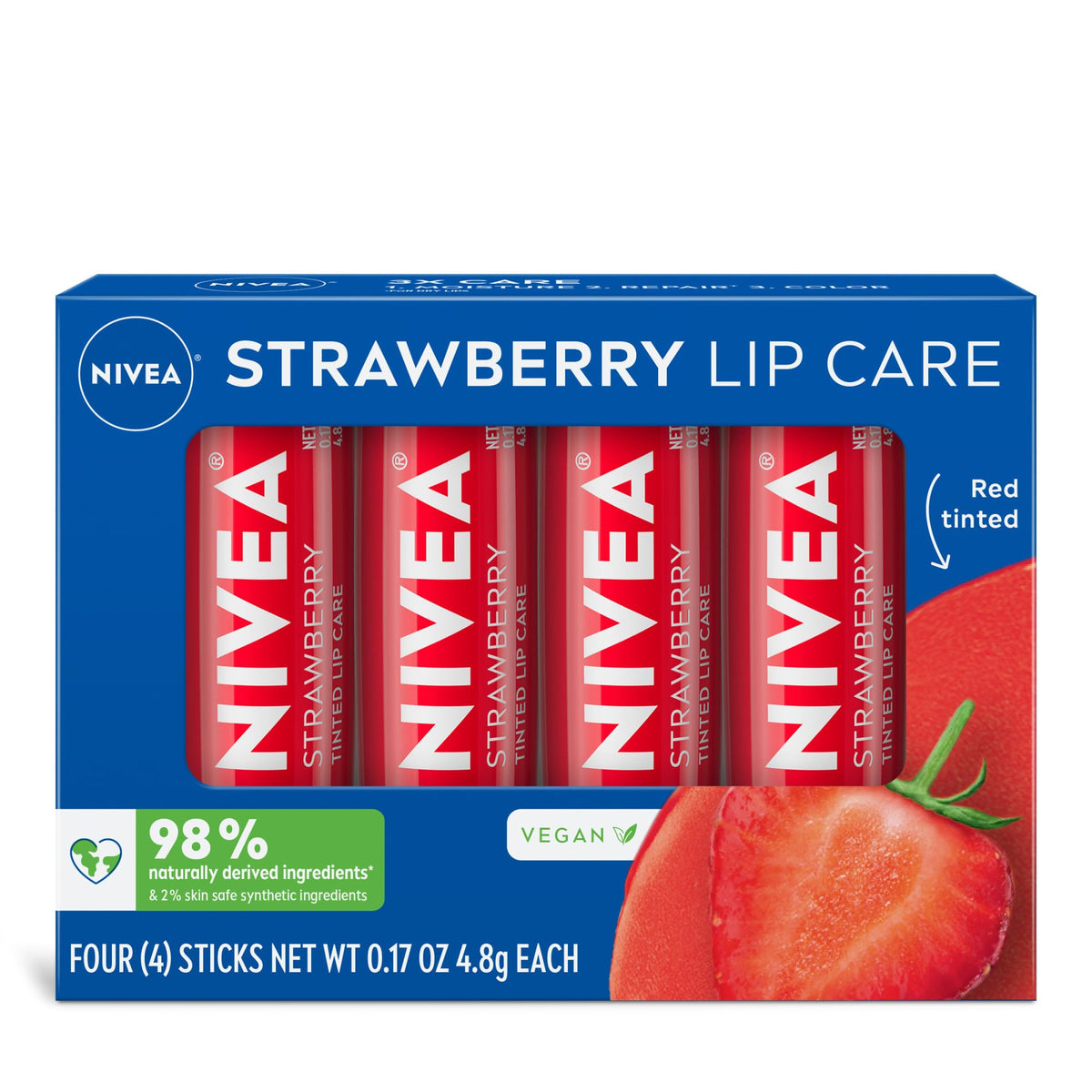 Premium imported NIVEA Fruity Tinted Lip Balm set, featuring four sticks of strawberry flavor, 98% naturally derived ingredients.