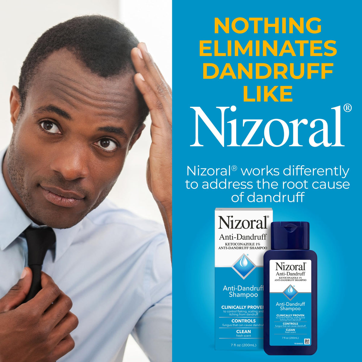 Nizoral Anti-Dandruff Shampoo shown with a man in a clean bathroom, promoting effective dandruff control and healthy hair.