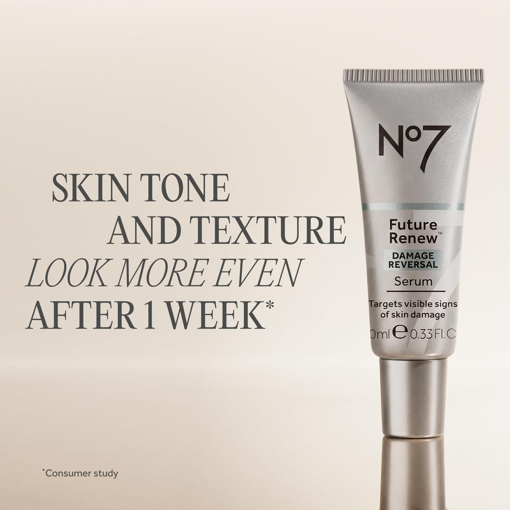 No7 Future Renew Damage Reversal Serum targets skin damage. Available online, order now for visible results in one week.