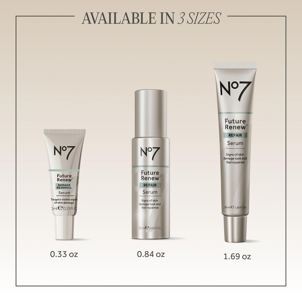 No7 Future Renew Damage Reversal Serum displayed in three sizes, highlighting 100% genuine, effective anti-aging skincare.