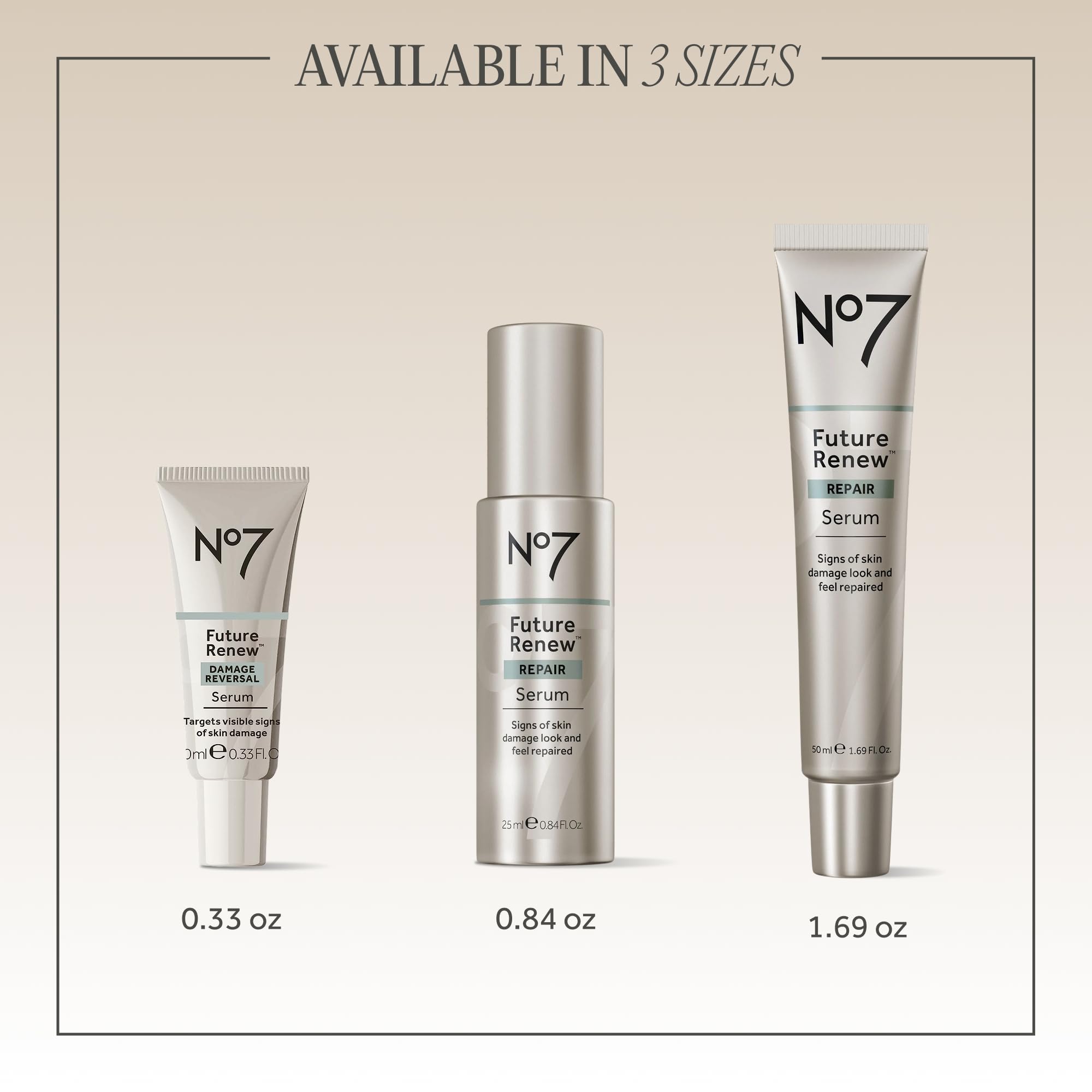 No7 Future Renew Damage Reversal Serum displayed in three sizes, highlighting 100% genuine, effective anti-aging skincare.