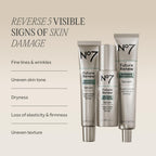 Premium global favorite No7 Future Renew Damage Reversal Serum targeting fine lines, uneven skin tone, and dryness for rejuvenated skin.