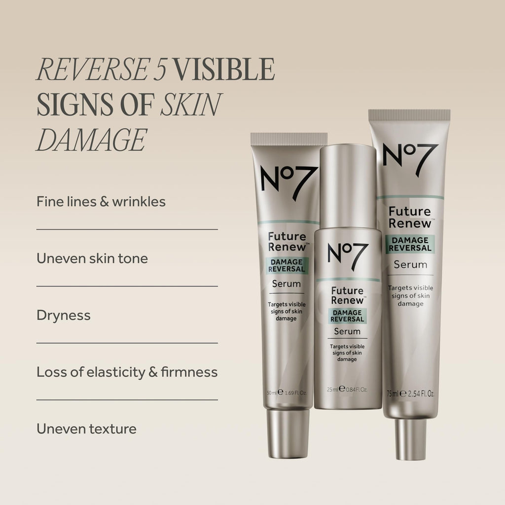 100% Authentic No7 Future Renew Damage Reversal Serum targets fine lines, dryness, and uneven skin tone for youthful radiance.