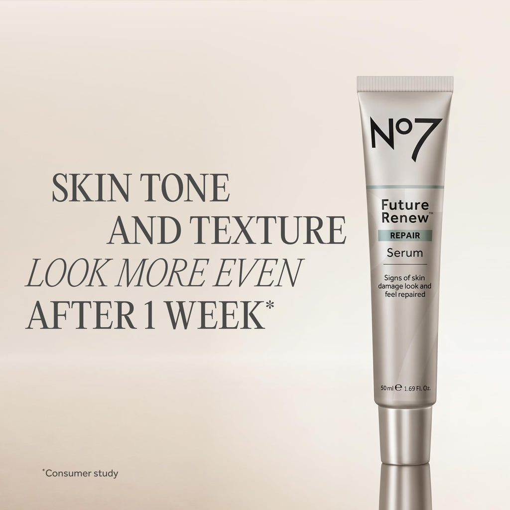 No7 Future Renew Damage Reversal Anti-Aging Serum promises even skin tone and texture in one week. Verified by CuratCart.