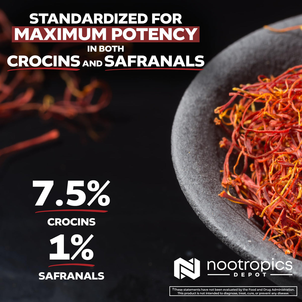 Nootropics Depot Saffron Extract Capsules with potent crocins and safranals, ensuring optimal quality and efficacy.