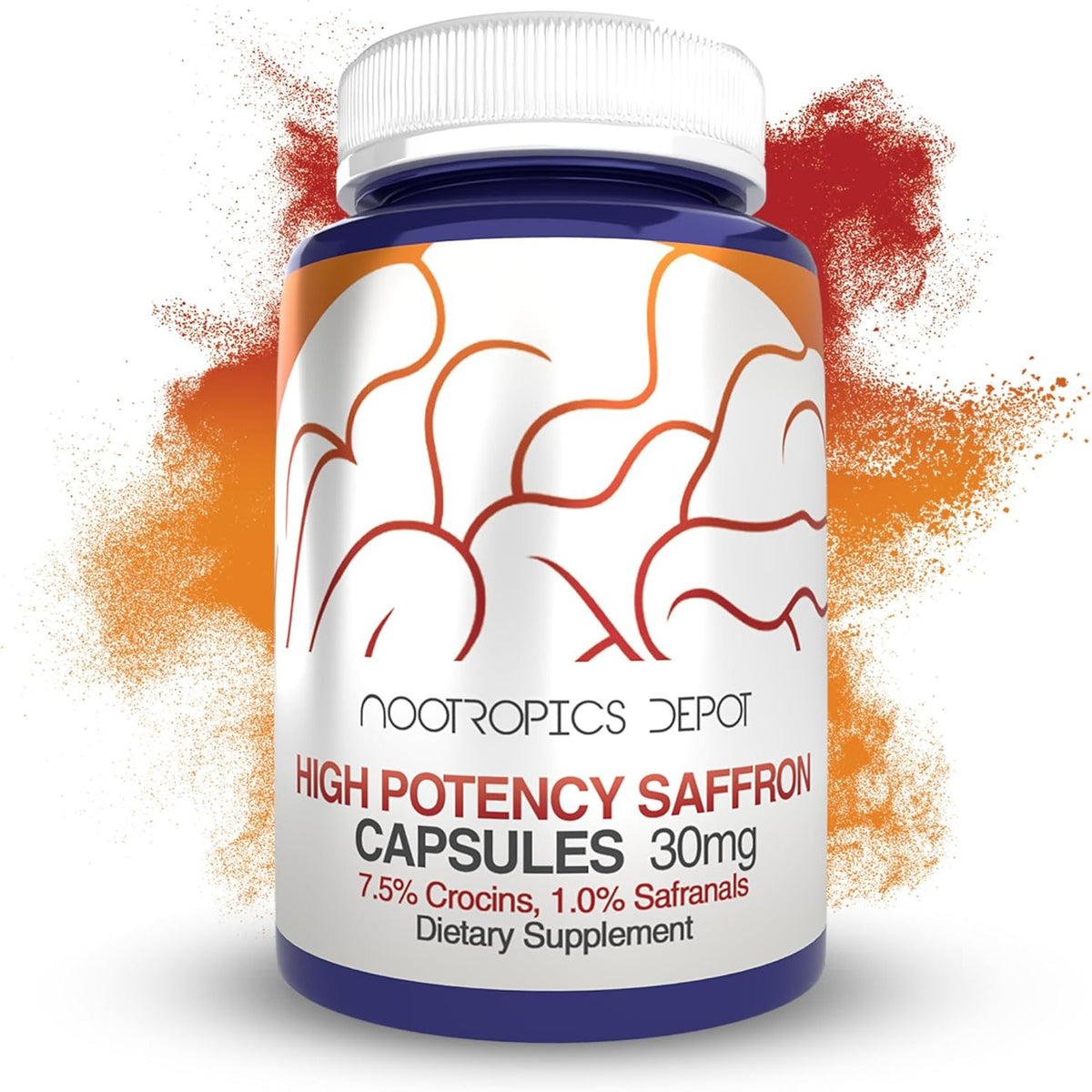 Premium imported Nootropics Depot Saffron Extract Capsules, featuring 30mg of high potency saffron for enhanced wellness.